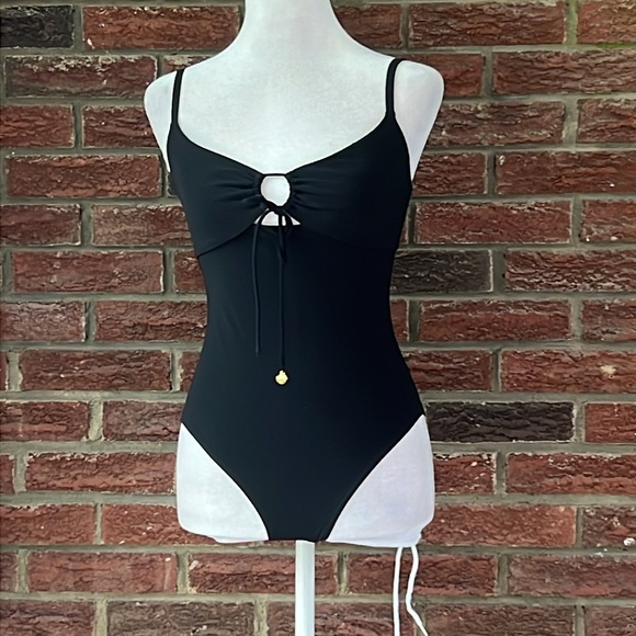 Tory Burch Women's Solid Black Ruched Tie Front One Piece Swimsuit Size XS - Picture 6 of 8